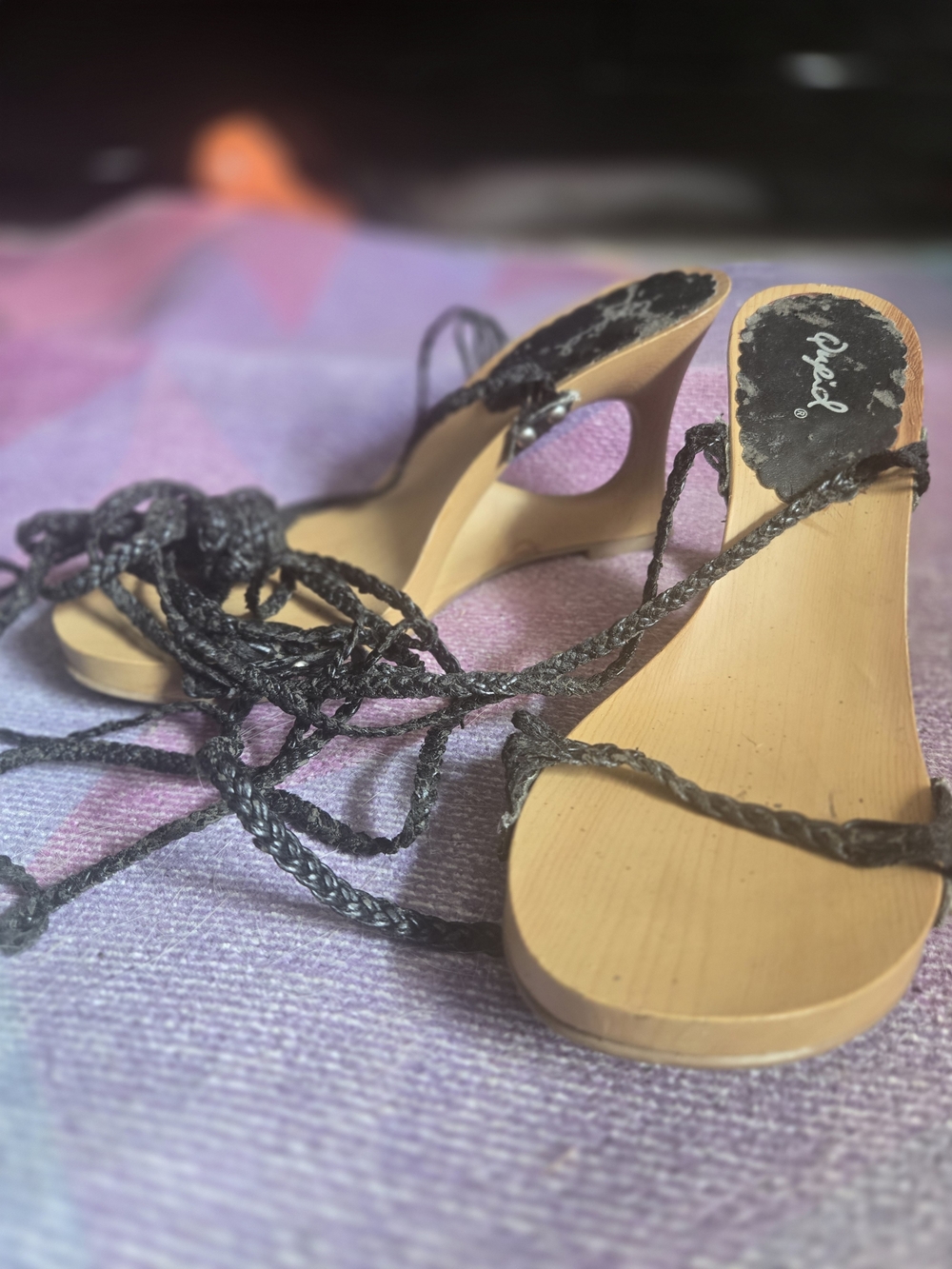 Woven Lace-Up Wedge Sandals in Black